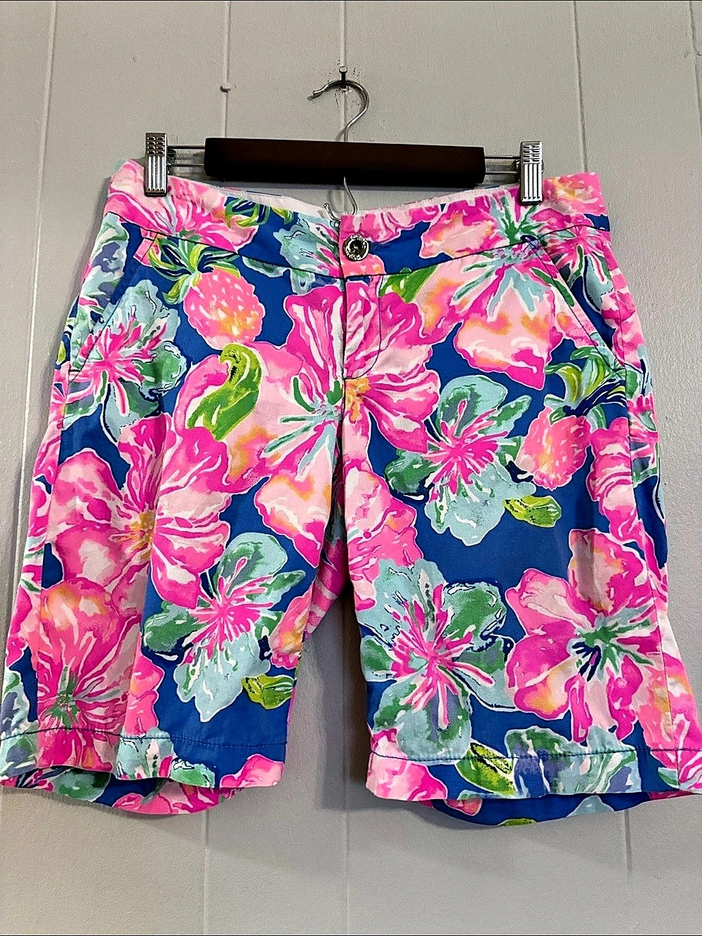 Lilly Pulitzer The Chipper Short Floral Cotton Bermuda Shorts Blue & Pink Size 4